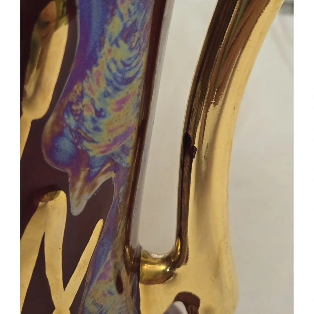 Vintage Burgundy Art Nouveau Vase Iridescent Gloss With 22K Gold Accents - GUC